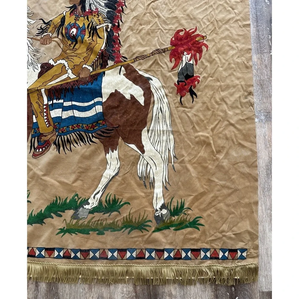 Vintage Native American on Horse Painted Velvet Cloth Wall Hanging Fringe